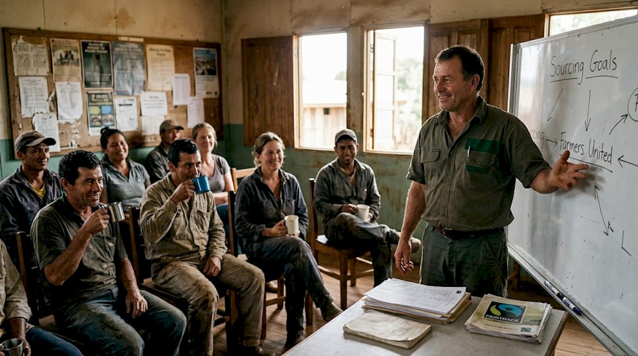 Farmers discussing sustainable coffee sourcing together