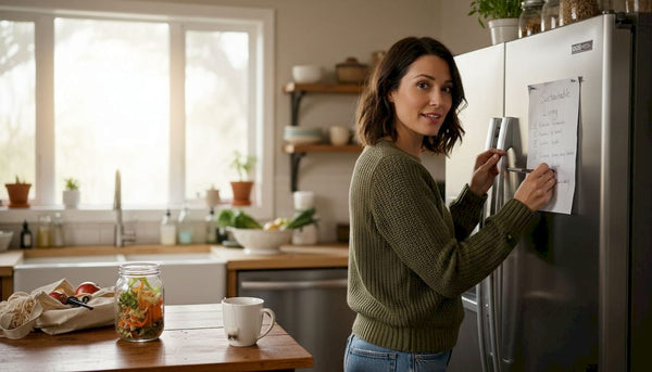 Woman reviewing sustainable living checklist in kitchen