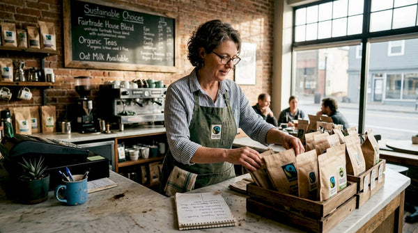 Barista sorting certified coffee and tea packaging