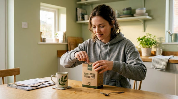 Woman handling plant-based coffee pods in kitchen