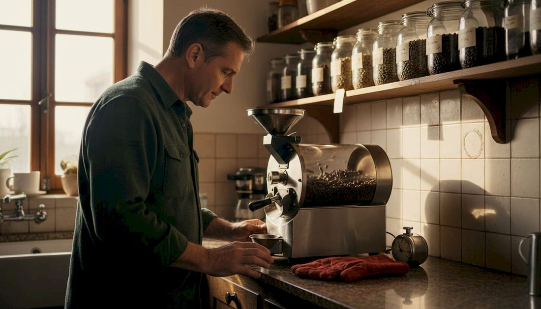 Man roasting coffee beans in home kitchen