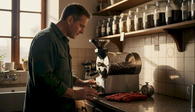 Man roasting coffee beans in home kitchen