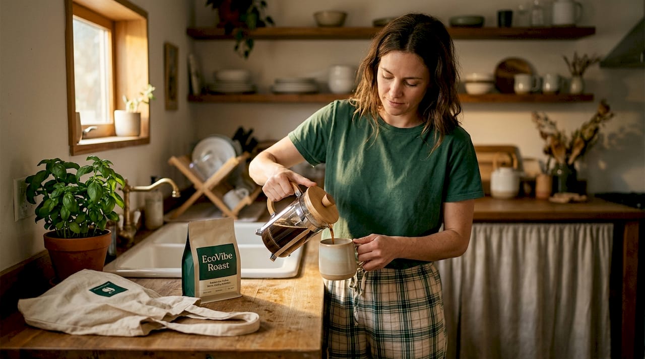 Woman pouring coffee in sunlit kitchen
