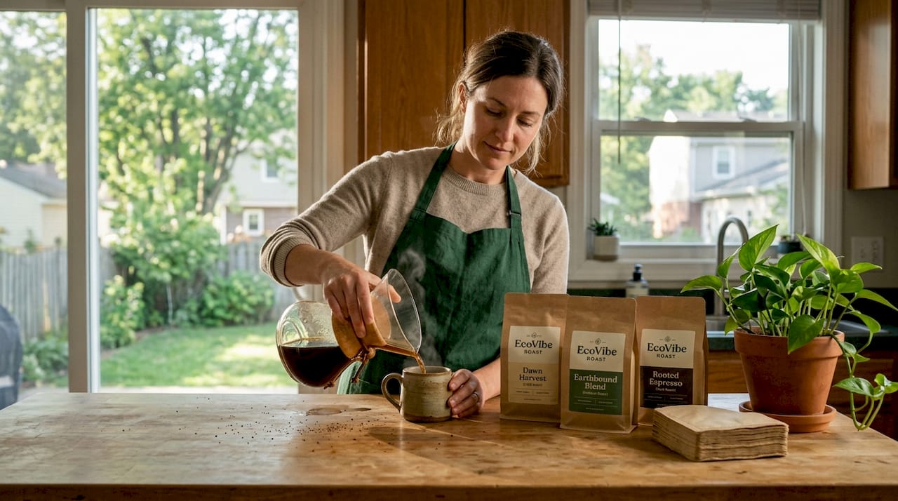 Coffee enthusiast pours cup near eco-friendly brands