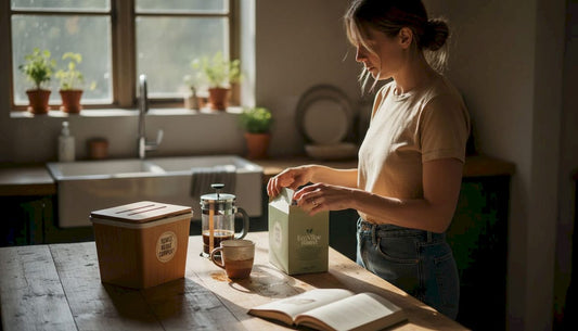 Woman opening biodegradable coffee pods at kitchen island