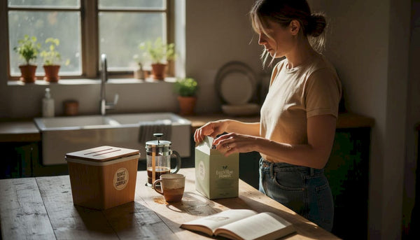 Woman opening biodegradable coffee pods at kitchen island