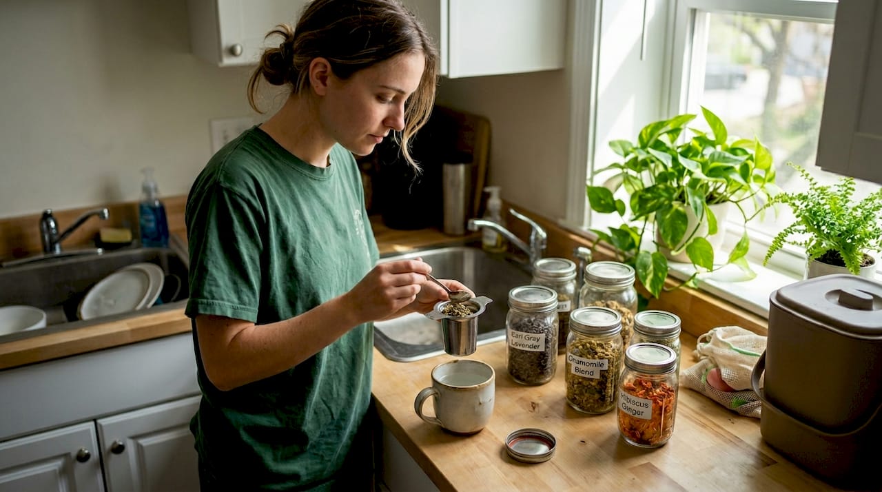 Woman preparing loose leaf tea in kitchen