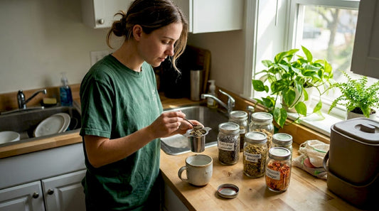 Woman preparing loose leaf tea in kitchen