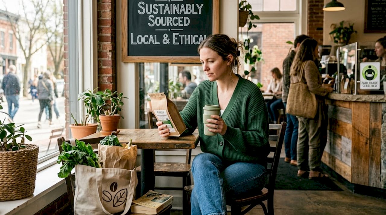 Woman reading coffee bag in eco café