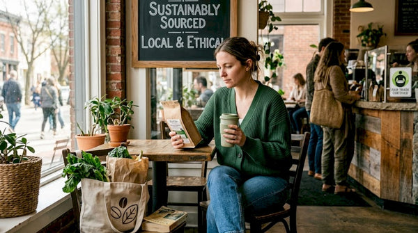 Woman reading coffee bag in eco café