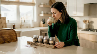 Woman sampling coffee at modern kitchen island