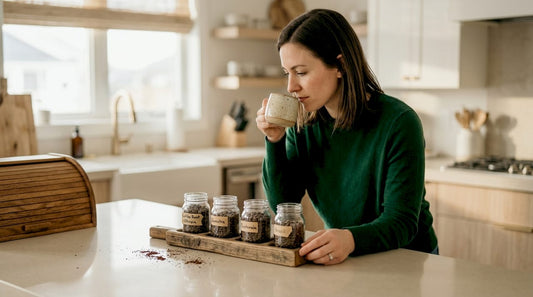 Woman sampling coffee at modern kitchen island