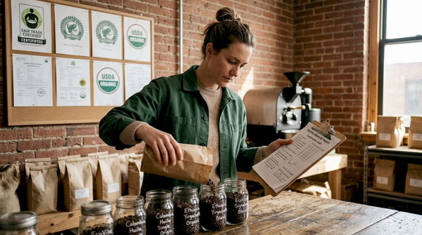Coffee manager organizing beans and certifications
