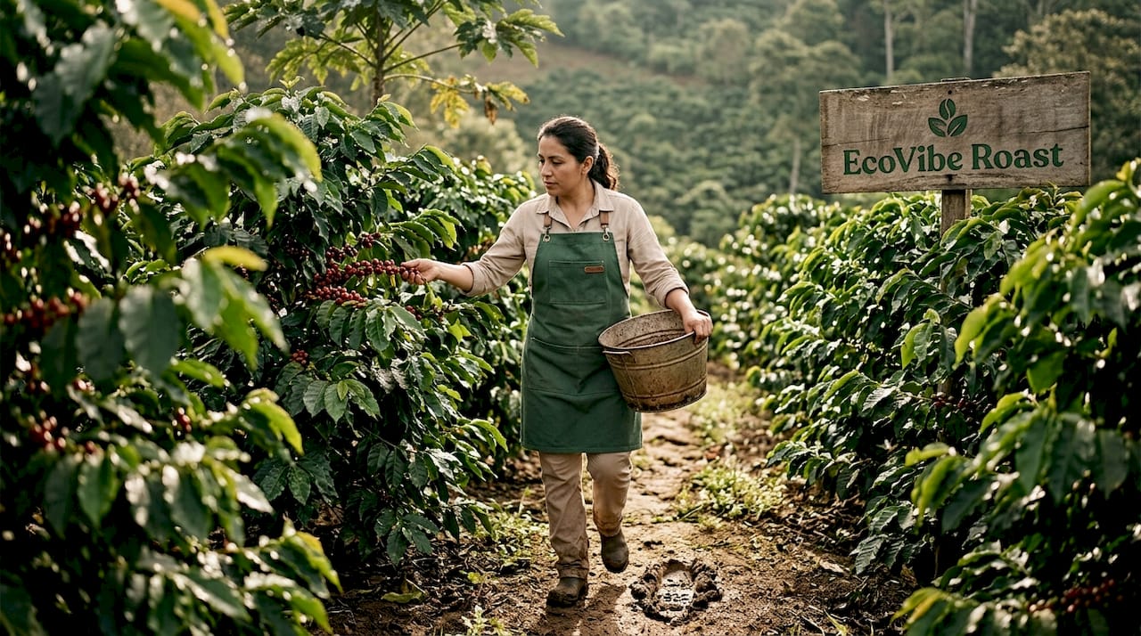 Farm worker inspecting coffee cherries micro-lot field