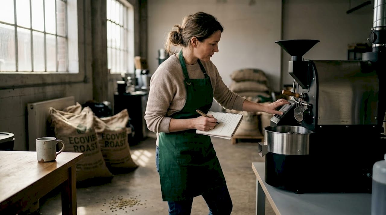 Woman adjusting eco-friendly coffee roaster in studio