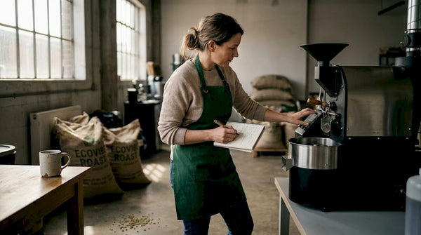 Woman adjusting eco-friendly coffee roaster in studio