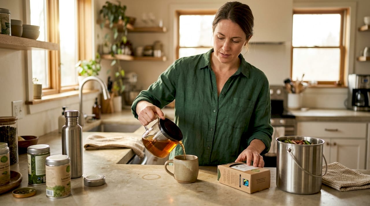Woman brewing sustainable tea in kitchen
