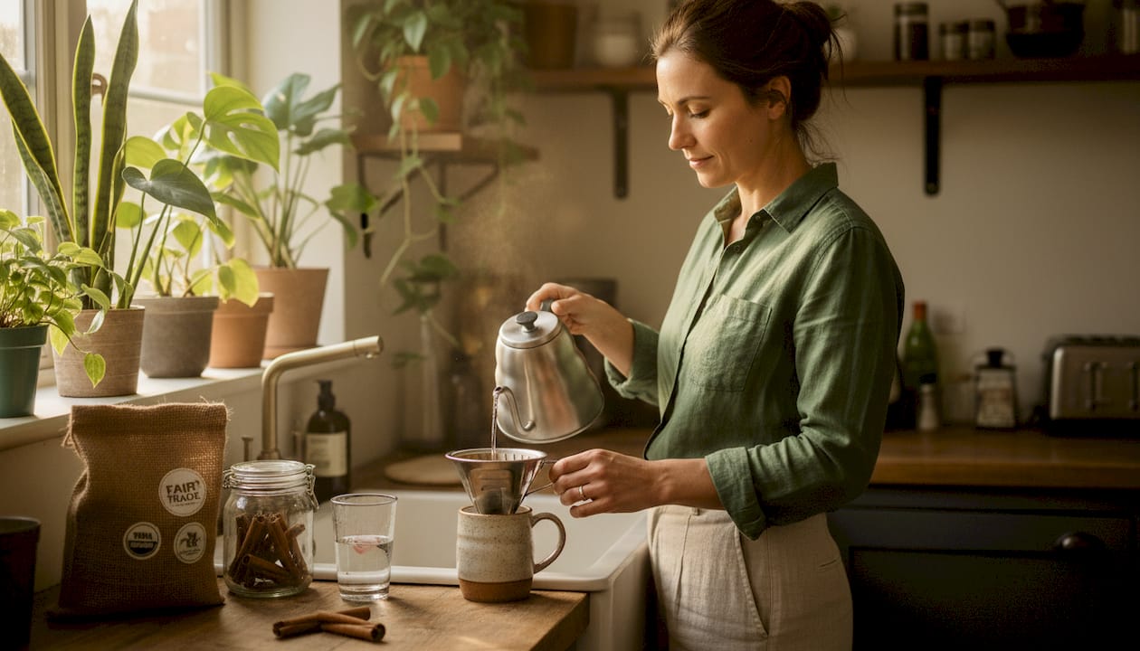 Woman brewing coffee in sustainable kitchen