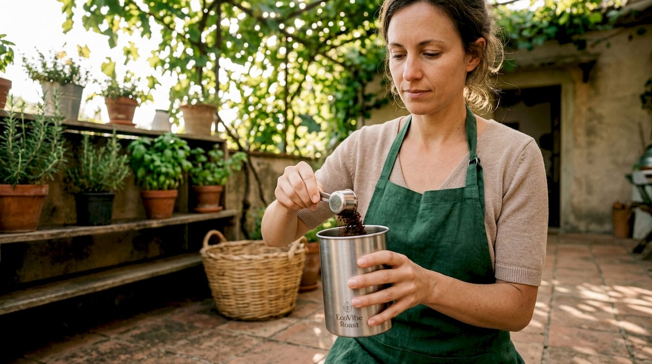 Woman refilling coffee in reusable canister