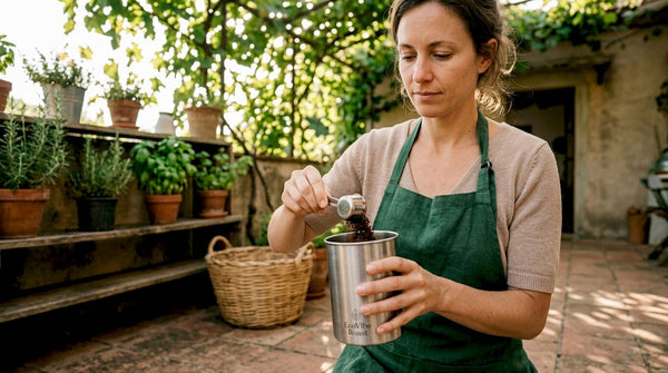 Woman refilling coffee in reusable canister