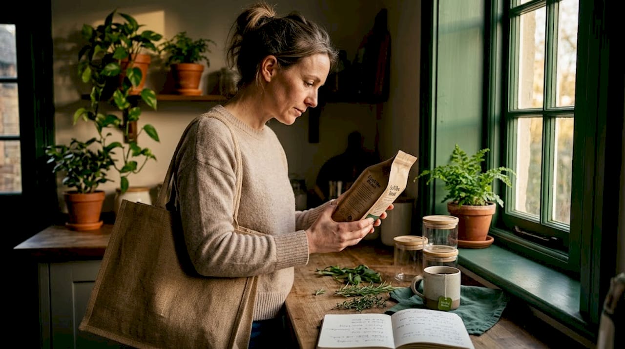 Woman reading eco-friendly coffee label in kitchen