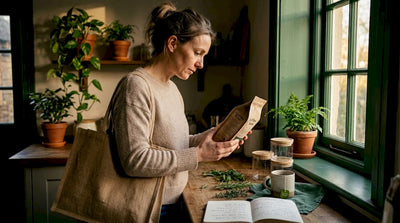 Woman reading eco-friendly coffee label in kitchen