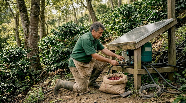Farmer fixing solar water pump on coffee farm