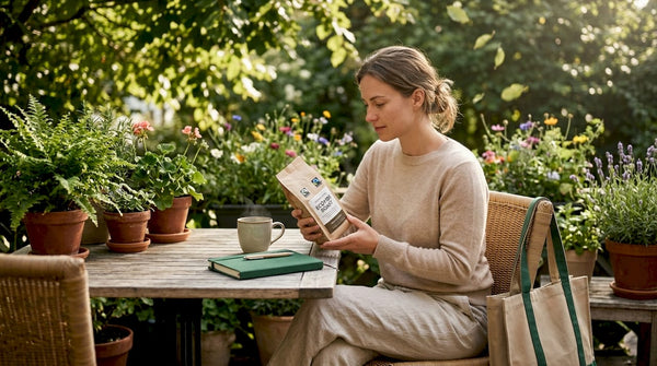 Woman reading coffee package at kitchen table