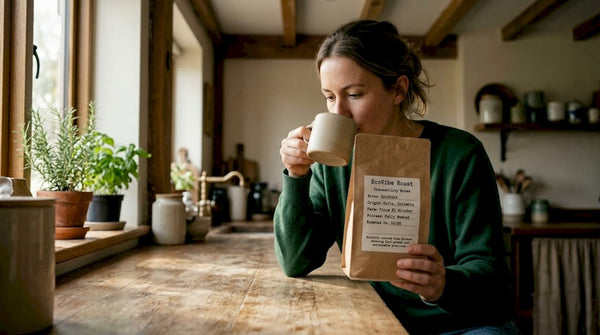 Woman reading coffee label at kitchen table