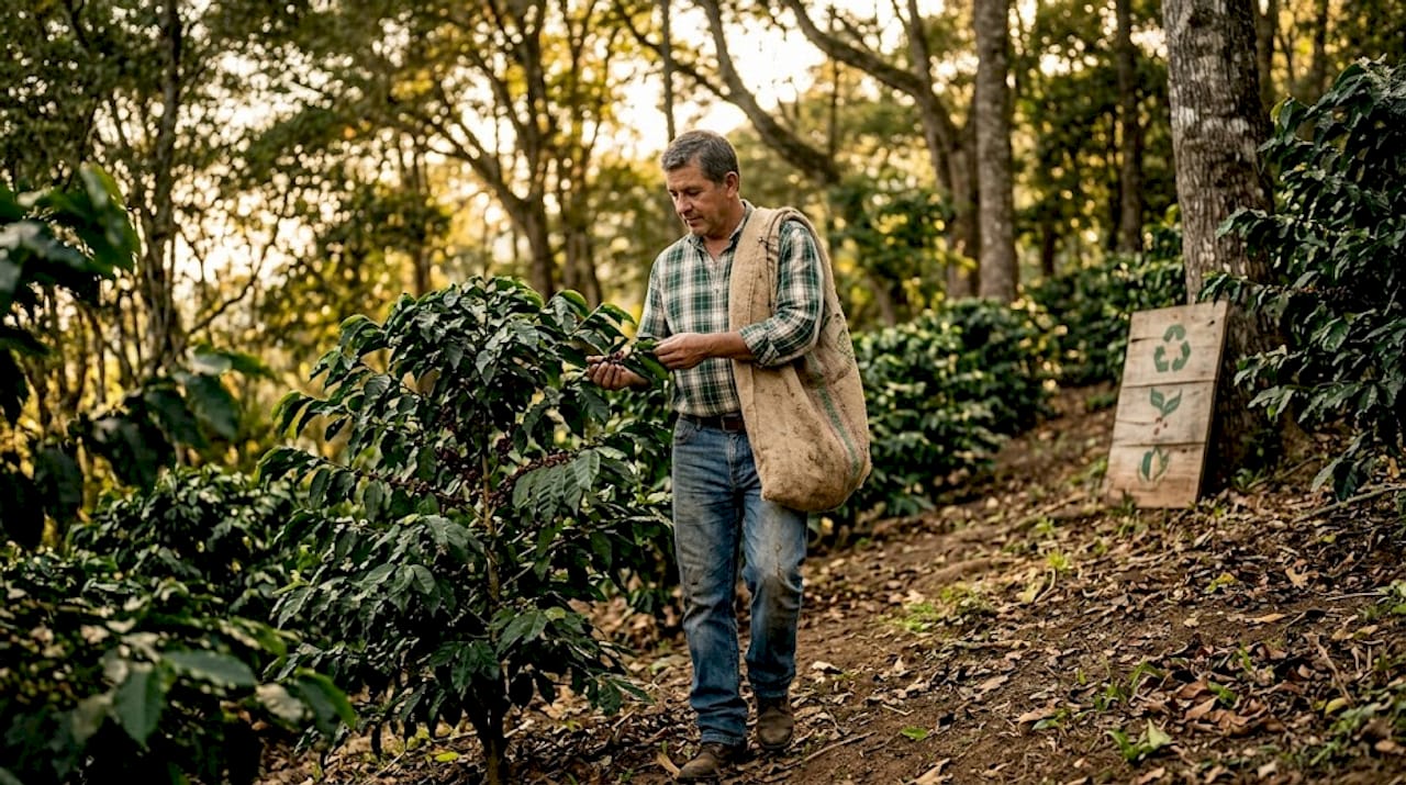 Coffee farmer walks through shade-grown coffee field
