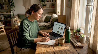 Woman researching sustainable gifts at kitchen table