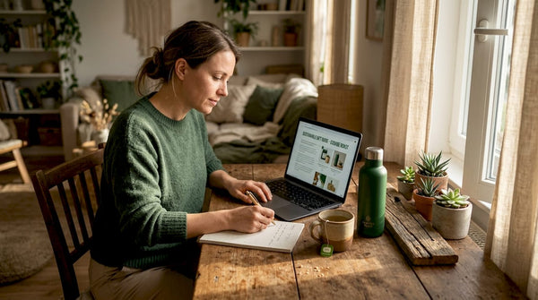 Woman researching sustainable gifts at kitchen table