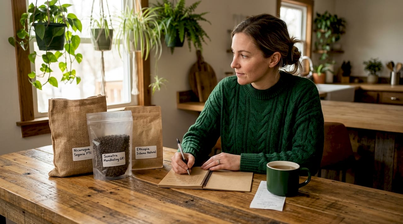 Woman comparing eco-friendly coffee packaging bags