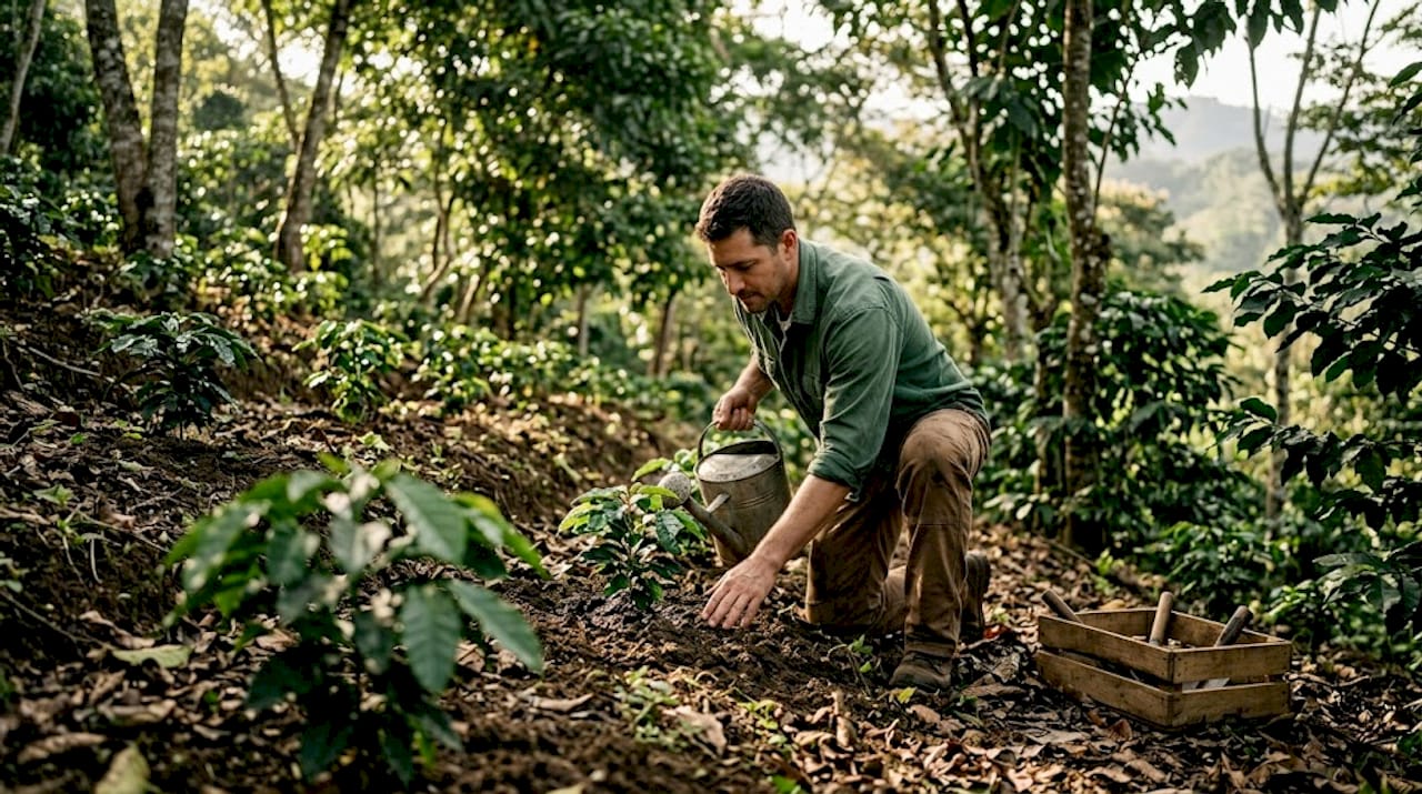 Farmer tending waterwise coffee in shaded agroforestry