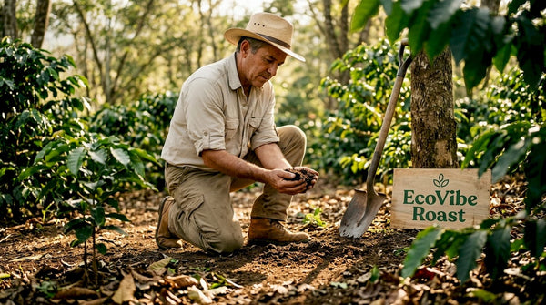 Coffee farmer evaluating soil quality on farm