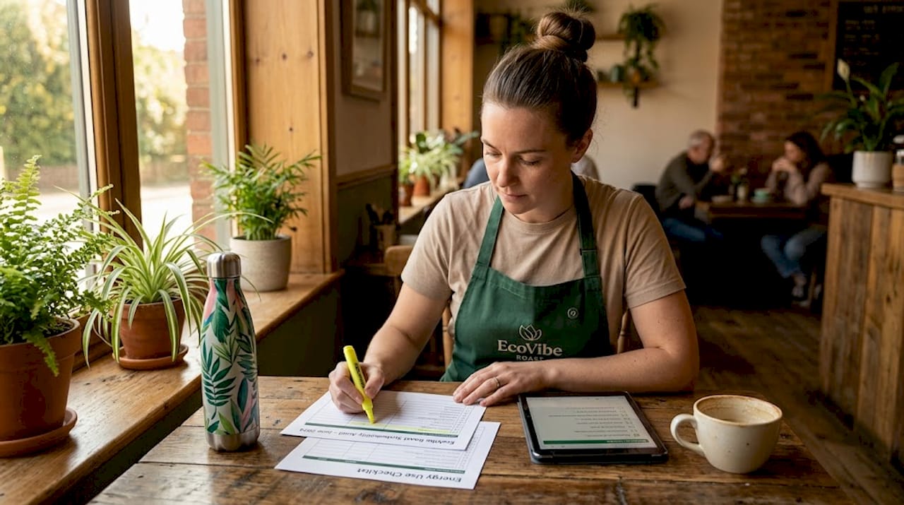 Cafe manager reviewing sustainability audit