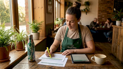 Cafe manager reviewing sustainability audit