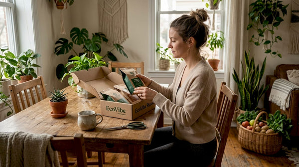 Unpacking coffee and tea subscription at kitchen table
