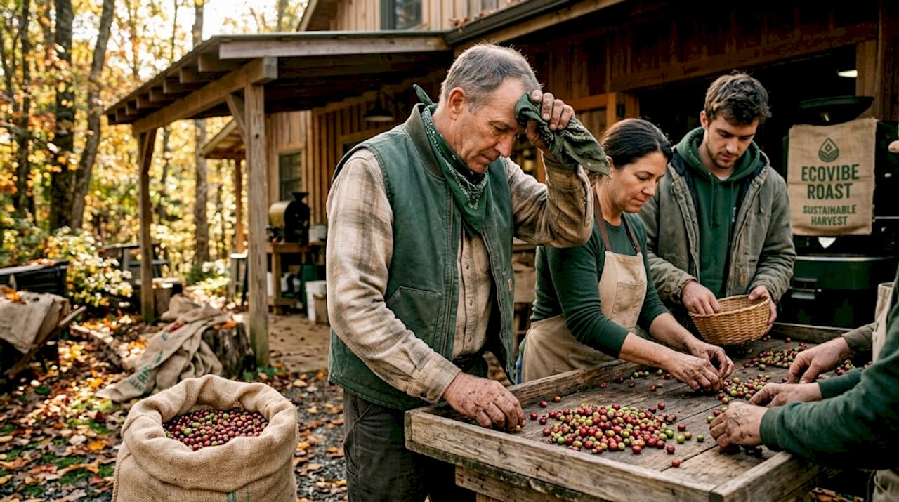 Coffee farmers sorting cherries together outdoors