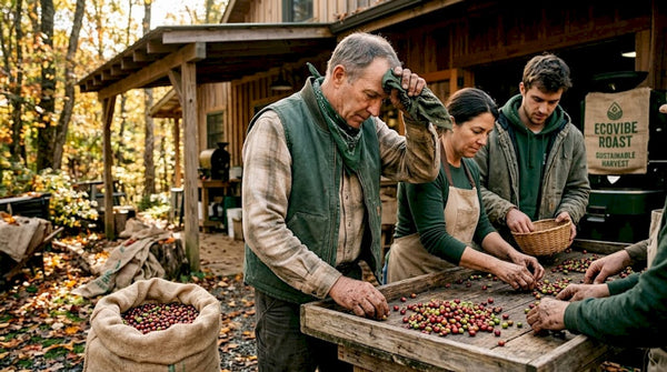Coffee farmers sorting cherries together outdoors