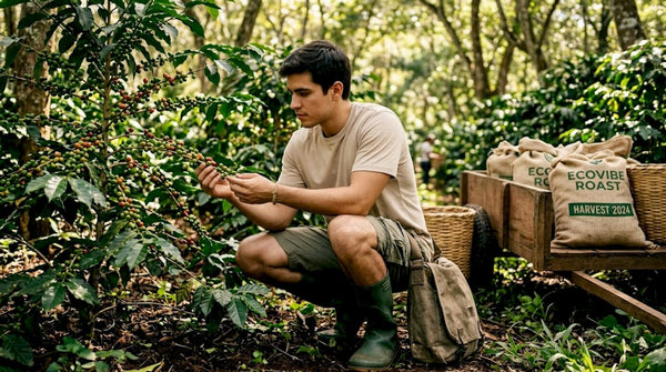 Young activist inspecting coffee plants in field