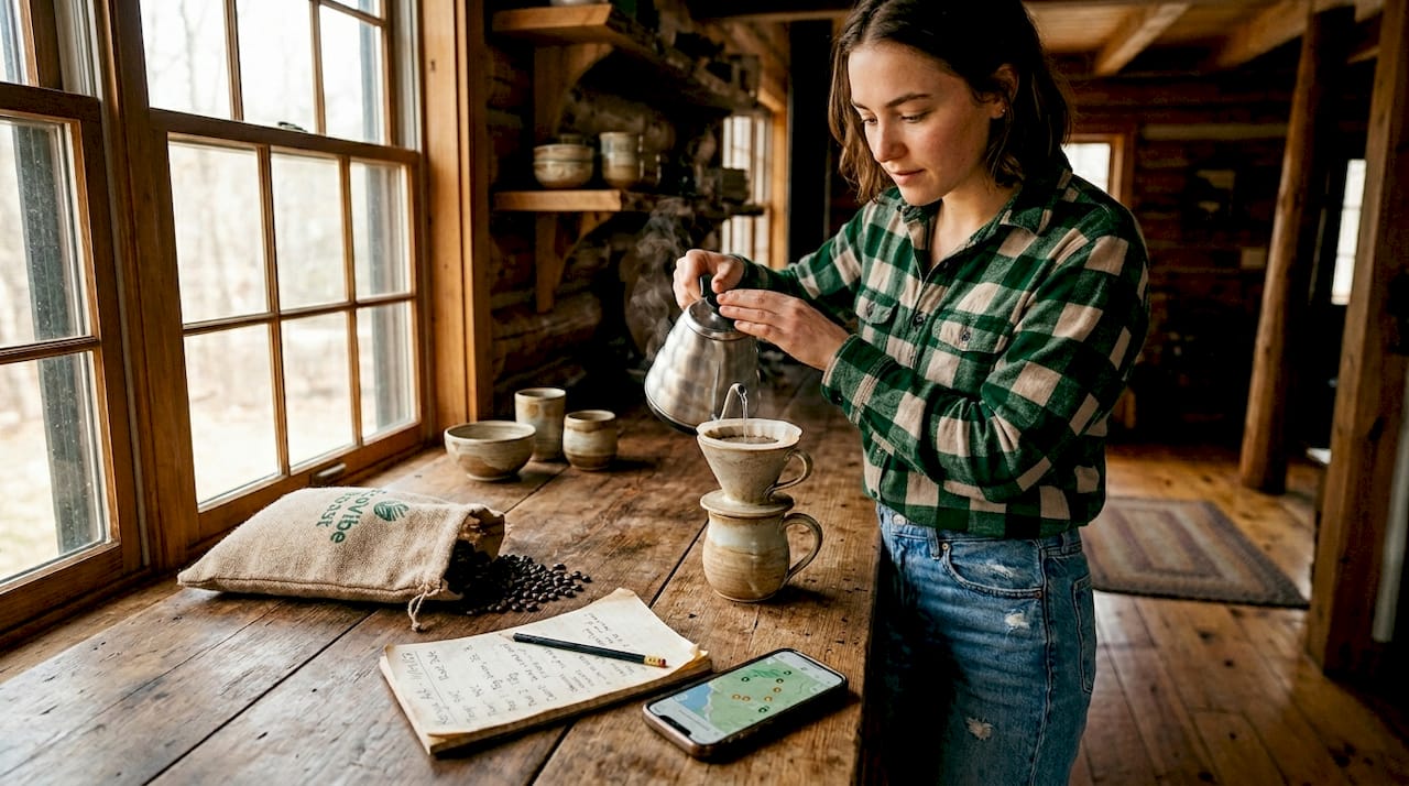 Woman brewing coffee with beans and notes nearby
