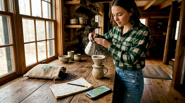 Woman brewing coffee with beans and notes nearby