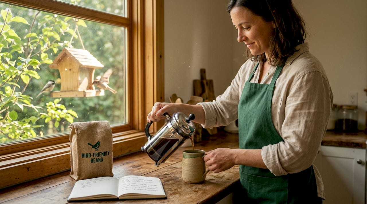 Woman pours coffee in kitchen with birds at window