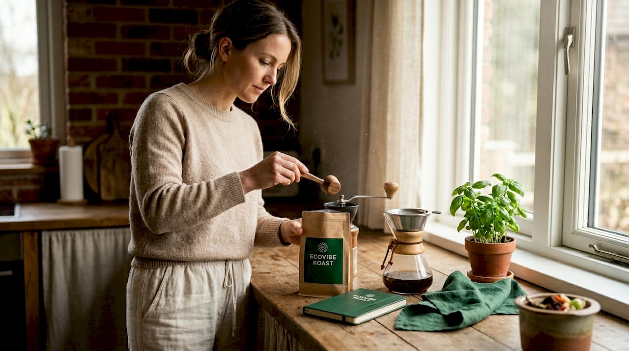 Woman preparing coffee sustainably in kitchen