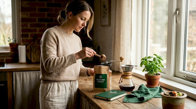 Woman preparing coffee sustainably in kitchen