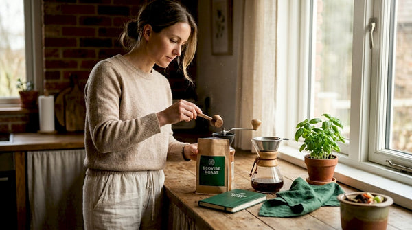 Woman preparing coffee sustainably in kitchen