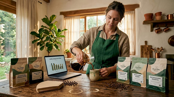 Coffee enthusiast comparing coffee brands in kitchen