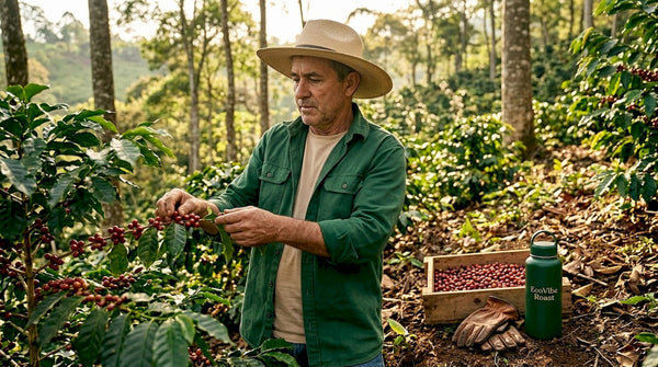 Coffee farmer inspecting cherries sustainably