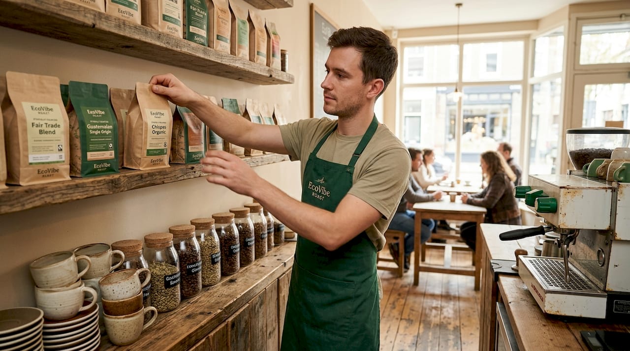 Barista arranging sustainable coffee bags in café